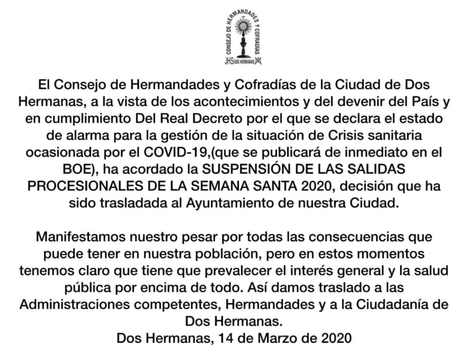 La Semana Santa 2020 se suspende por el Coronavirus