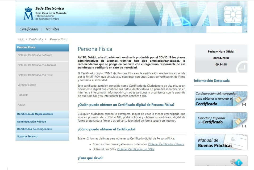 El Certificado Digital se puede tramitar durante el Estado de Alarma