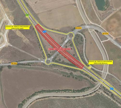 Cortes en la A-4 por las obras en el enlace con la carretera SE-3205