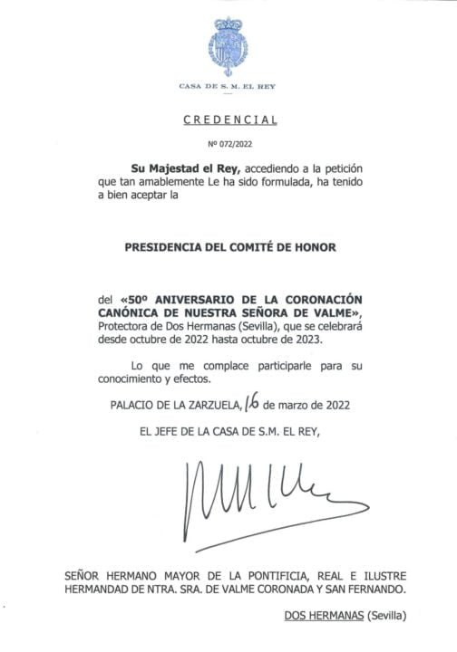El Comité de Honor del 50 Aniversario de la coronación de Valme lo presidirá el Rey